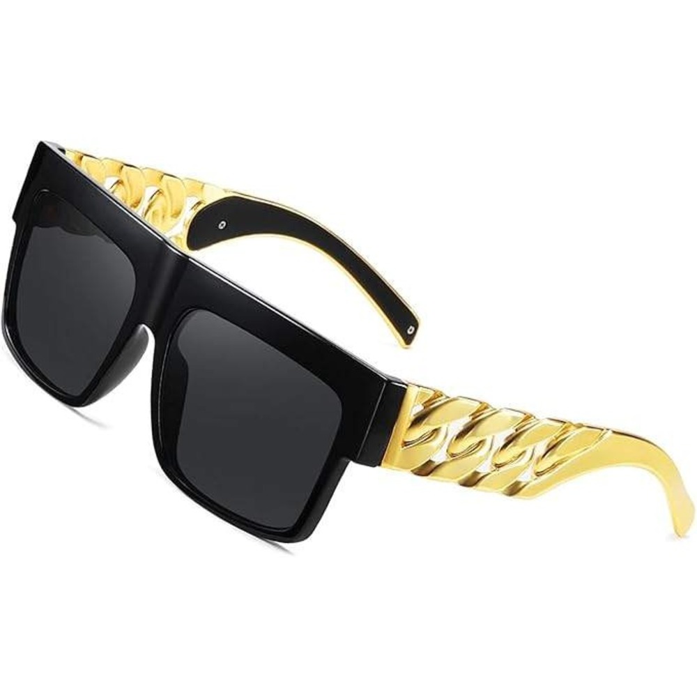 Sunglasses Black Gold Chain Accent UV400 Protection Fashion Hip Hop Dark Lens‎